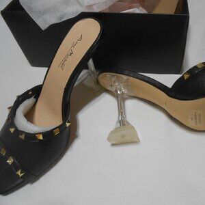 NEW ANNE MICHELLE BLK w/ GOLD SPIKES CLEAR HEELS SANDALS SHOES SLIP-ONS SZ 8 👩
